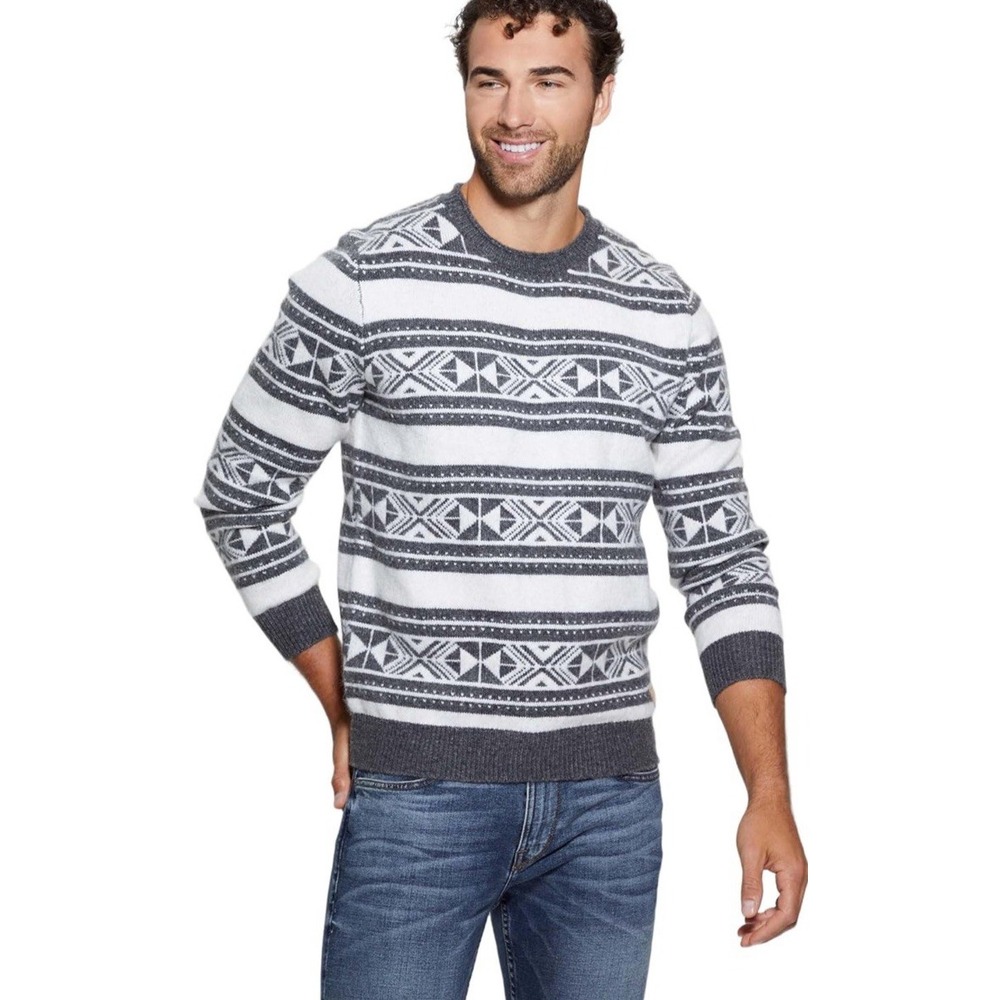 NWT Guess Men's Ezekiel Jacquard Sweater - Linen Dark Gray Ethnic Stripes - Sz M